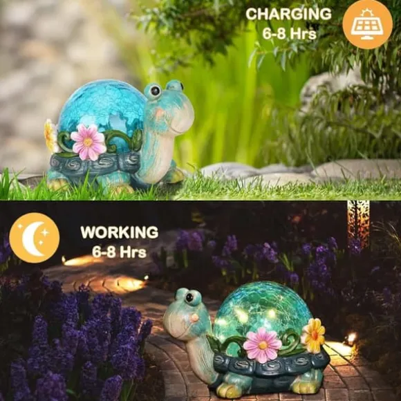 OBOSOE Solar Lamp Turtle Udendørs Statue – Havedekoration med revnet glas til terrasse