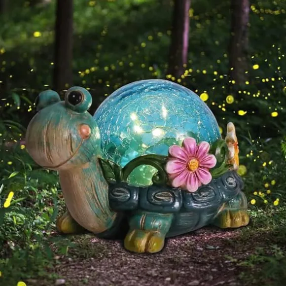 OBOSOE Solar Lamp Turtle Udendørs Statue – Havedekoration med revnet glas til terrasse