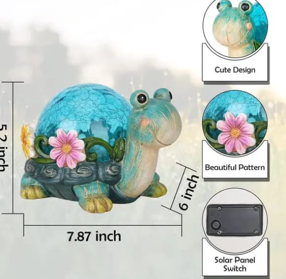 OBOSOE Solar Lamp Turtle Udendørs Statue – Havedekoration med revnet glas til terrasse