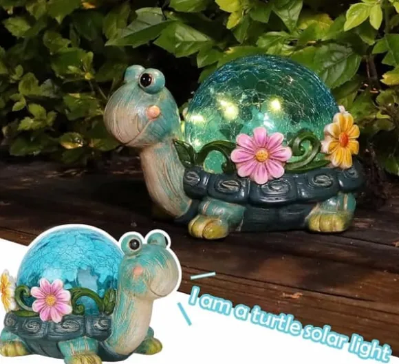 OBOSOE Solar Lamp Turtle Udendørs Statue – Havedekoration med revnet glas til terrasse