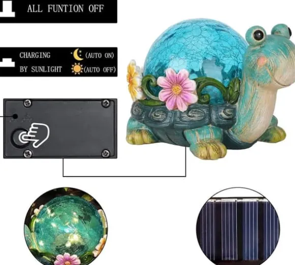 OBOSOE Solar Lamp Turtle Udendørs Statue – Havedekoration med revnet glas til terrasse