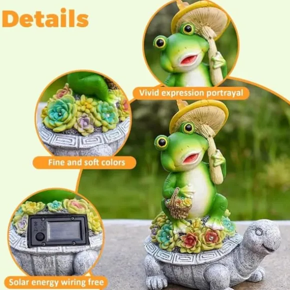 OBOSOE Solar Lampe Have Ornament Skildpadde & Frø – Udendørs Statue til Patio & Balkon