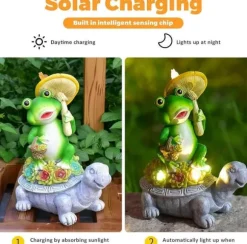 OBOSOE Solar Lampe Have Ornament Skildpadde & Frø – Udendørs Statue til Patio & Balkon