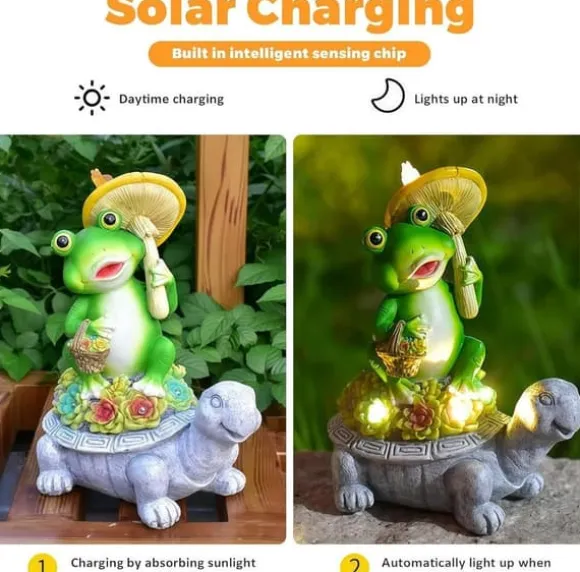 OBOSOE Solar Lampe Have Ornament Skildpadde & Frø – Udendørs Statue til Patio & Balkon