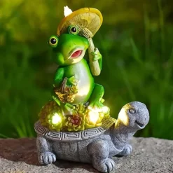 OBOSOE Solar Lampe Have Ornament Skildpadde & Frø – Udendørs Statue til Patio & Balkon
