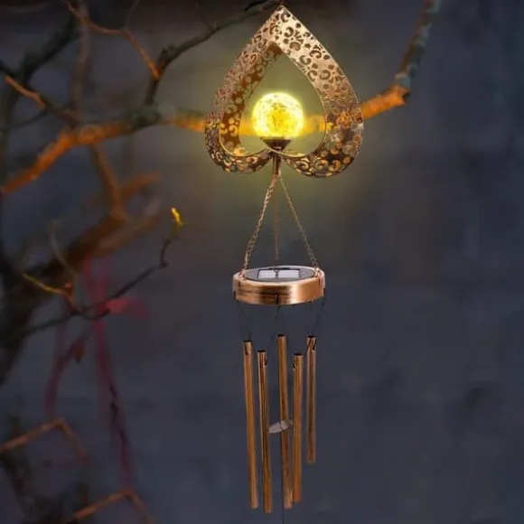 OBOSOE Solcelledrevet Vindklokke med LED-lys - Dyb tone & hjerteformet design | Sprækket glaskugle der reflekterer lys