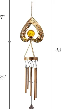 OBOSOE Solcelledrevet Vindklokke med LED-lys - Dyb tone & hjerteformet design | Sprækket glaskugle der reflekterer lys