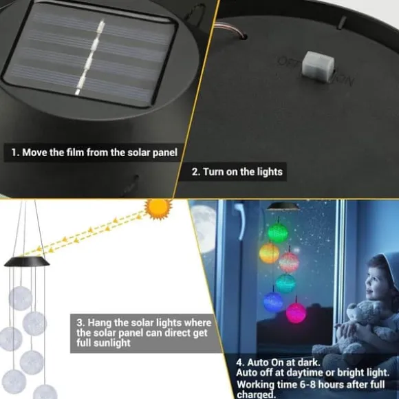 OBOSOE soldrevet vindklokke – 6 LED-lyskugler med farveskift og IP44 vandtæt design