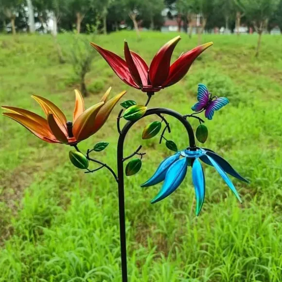 OBOSOE vinddrevet blomstervindmølle – farverig havedekoration, haveornament, udendørs skulptur
