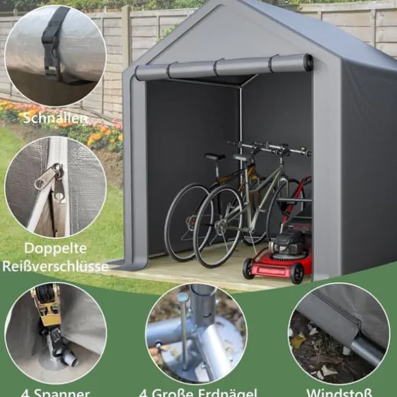 Opbevaringsrum 190x170x200 cm, cykelgarage, haveskur, redskabsskur, lagerzelt, mørkegrå