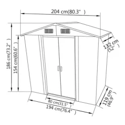 Opbevaringsskur i metal - Holdbart og vejrbestandigt | Størrelse: 204x132x186 cm | Farve: Grå