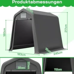 Opbevaringsskur 245x183x217 cm grå – alsidig som redskabsskur, cykelskur eller carport, vandafvisende PE-materiale med rullegardiner