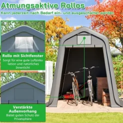 Opbevaringsskur 245x183x217 cm grå – alsidig som redskabsskur, cykelskur eller carport, vandafvisende PE-materiale med rullegardiner
