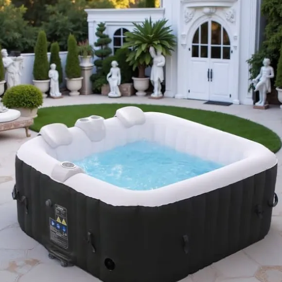 Oppustelig jacuzzi – 4 personer – 180 x 180 x 63 cm – 799L – Rund – 120 massagedyser – Til indendørs og udendørs brug – Med varme, isolerende overtræk | CDON