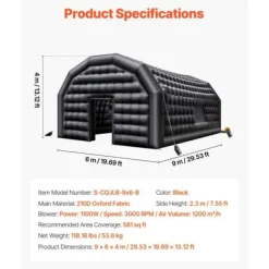 Oppustelig natklub 9x6x4 m sort, Oxford-stof