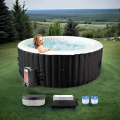 Oppustelig oval spa med LED-belysning – 2 personer – 90 bobledyser – 2400W – Ø 180 x 120 x 65 cm – Inklusive overtræk, bund og filterpumpe