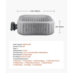 Oppusteligt Spa, 4-6 Personer, 1850 x 660 mm, Firkantet Bærbar, Udendørs Brug, Robust Og Komfortabel