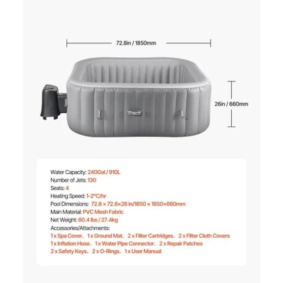 Oppusteligt Spa, 4-6 Personer, 1850 x 660 mm, Firkantet Bærbar, Udendørs Brug, Robust Og Komfortabel