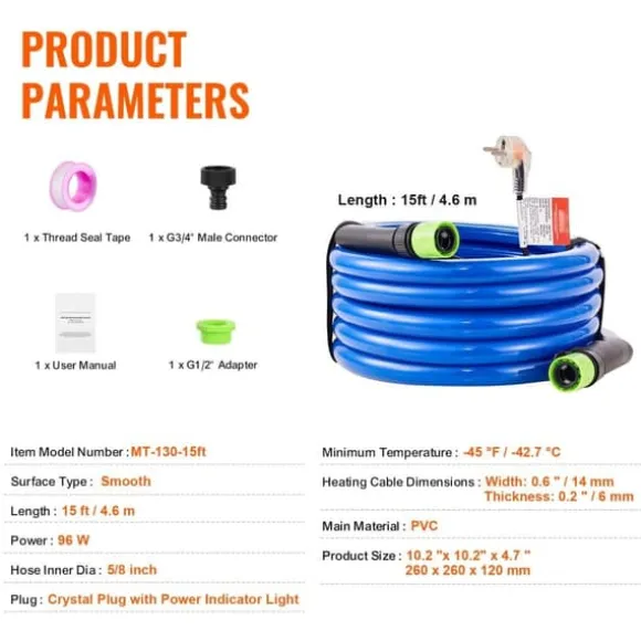 Opvarmet vandslange 15 fod til RV, -45℉ frostbeskyttelse, drikkevandsslange, holdbar, temperaturregulering