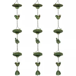 Outsunny 3 stk. Grøn Regnkæde i Metal - 123cm - Med Kolibri & Lotusklokke Dekoration - Til Tagrender