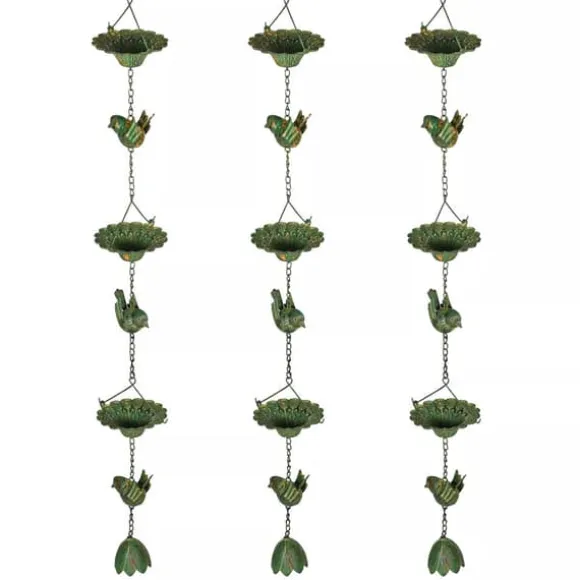 Outsunny 3 stk. Grøn Regnkæde i Metal - 123cm - Med Kolibri & Lotusklokke Dekoration - Til Tagrender