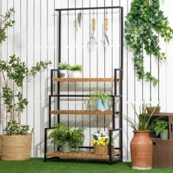 Outsunny Blomsterhylde med 3 niveauer, Naturtræ & Metal, 80x36x174cm