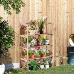 Outsunny Blomsterstativ i grantræ, 3 etager, natur, 75x38x120cm