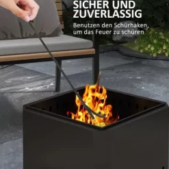 Outsunny Bordfod, Firkantet Brandskål, Røgfribrandkurv med Ildrager, Bordild til Have, Camping, Terrasse, Metal, Sort