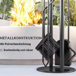 Outsunny 5-delt pejsredskabssæt i sort metal: kost, skovl, ildrager, tang og stativ