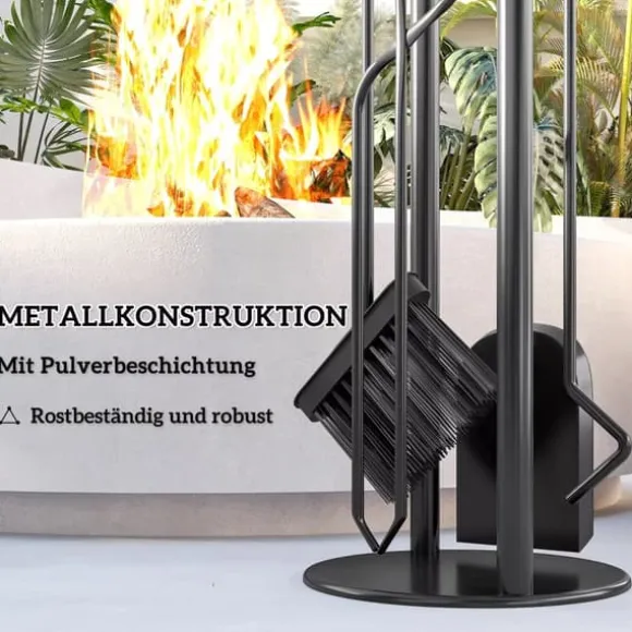 Outsunny 5-delt pejsredskabssæt i sort metal: kost, skovl, ildrager, tang og stativ