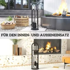 Outsunny 5-delt pejsredskabssæt i sort metal: kost, skovl, ildrager, tang og stativ