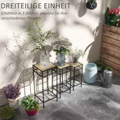 Outsunny 3-delt stabelbart plantestativ blomsterbord blomsterholder med rattan-look plantestativ til have altan metal guld