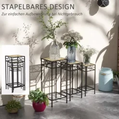 Outsunny 3-delt stabelbart plantestativ blomsterbord blomsterholder med rattan-look plantestativ til have altan metal guld