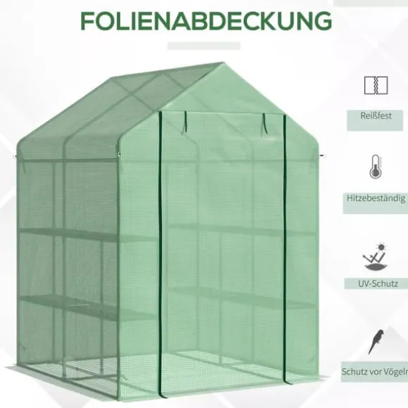 Outsunny Drivhus, Gennemgangsdesign med Rulledør, 8 Hylder, Stål/PE Plast, Mørkegrøn