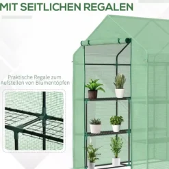 Outsunny Drivhus, Gennemgangsdesign med Rulledør, 8 Hylder, Stål/PE Plast, Mørkegrøn