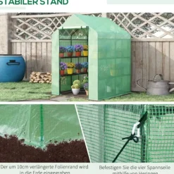 Outsunny Drivhus, Gennemgangsdesign med Rulledør, 8 Hylder, Stål/PE Plast, Mørkegrøn