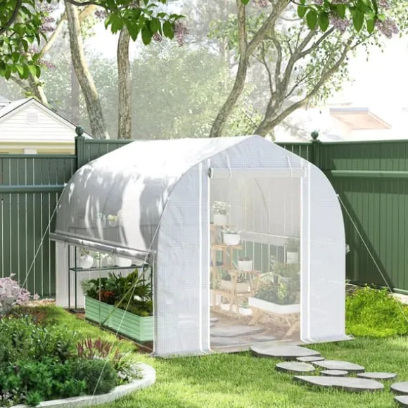 Outsunny Drivhus Tunnel 3x2x2m Hvid PP/Galvaniseret Stål med 4 Vinduer og Dør, UV-resistent Folie, Luftig Ventilation, Ideel til Haver
