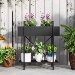 Outsunny 2-etagers plantestativ i sort metal, 70 cm høj, til indendørs og udendørs brug, blomsterhylde til stue, have, altan