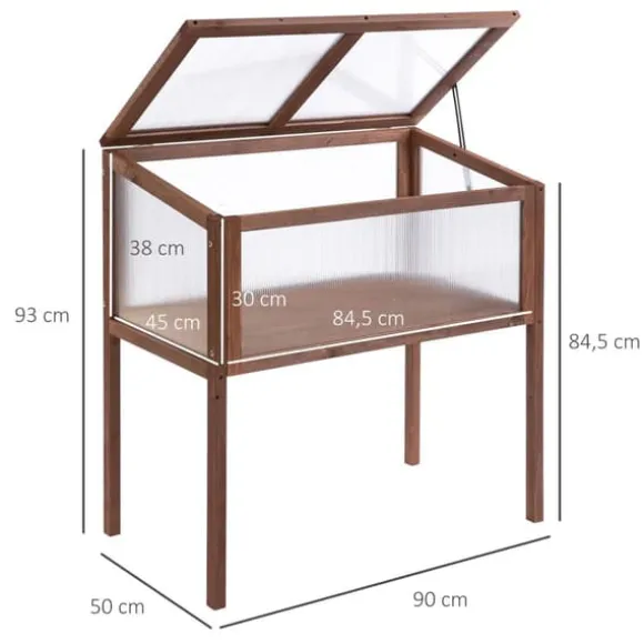 Outsunny højbed i træ, tidligt bed, dyrkningsbord, krydderurtebed, plantekasse til have, altan og terrasse, brun, fyrretræ, PC-plade, 90 x 50 x 93 cm | CDON