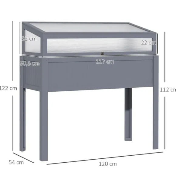 Outsunny Højbed med Drivhus, Grantræ og PC-Plade, Grå, 120x54x112/122cm