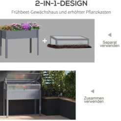 Outsunny Højbed med Drivhus, Grantræ og PC-Plade, Grå, 120x54x112/122cm