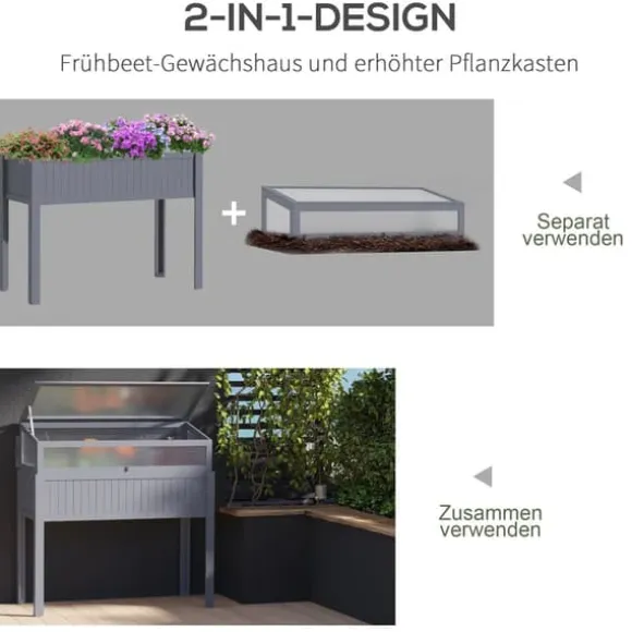 Outsunny Højbed med Drivhus, Grantræ og PC-Plade, Grå, 120x54x112/122cm