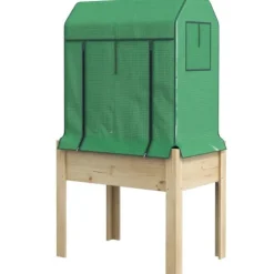 Outsunny Hjbed med Drivhus, urtebed i Tr med Fleece, Natur/Grn, 86x60x165cm