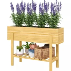 Outsunny Hjbed med Hylde, Krydderurtebed m. Drænhuller, Plantekasse i Fyrretræ, 100x30x70,5 cm Natur