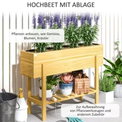 Outsunny Hjbed med Hylde, Krydderurtebed m. Drænhuller, Plantekasse i Fyrretræ, 100x30x70,5 cm Natur