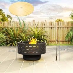 Outsunny 3-i-1 bålsted med grillrist og gnistfang i koksgrå rustfrit stål, Ø60x39cm