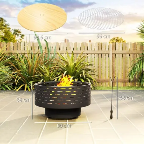 Outsunny 3-i-1 bålsted med grillrist og gnistfang i koksgrå rustfrit stål, Ø60x39cm
