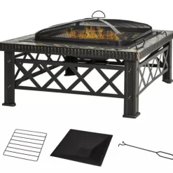 Outsunny 3-i-1 Brændes PSkål, Ildkurv, Ildsted med Gnistskærm, Grillrist, Iskøler, Have BBQ Sort 76x76x47cm (Skifer, Stål)