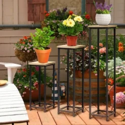 Outsunny Plantesstativ Sæt - 3-delt blomsterbord & urtepotteholder i stål, sort+natur