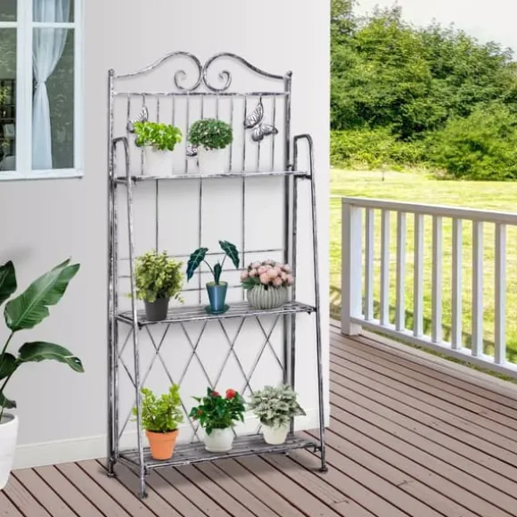 Outsunny Plantestativ Metal Blomsterstativ med 3 Hylder, Blomstertrappe til Have, Sølvgrå, 44x25x96cm